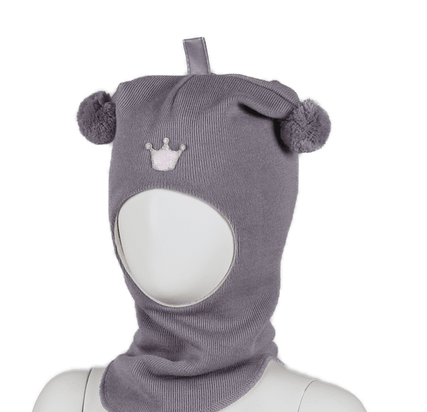 Kivat, støvlilla hettelue i ull med prinsessekrone og dusker