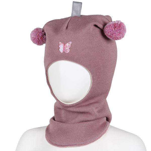 Kivat, gammelrosa hettelue i ull med sommerfugl