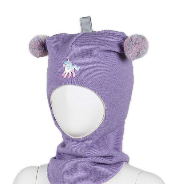 Kivat, lavendel hettelue i ull med enhjørning