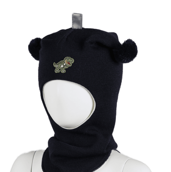 Kivat, marineblå hettelue i ull med dinosaur 