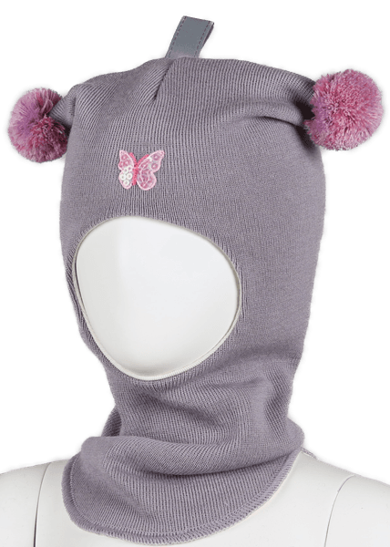 Kivat, støvlilla hettelue i ull med sommerfugl