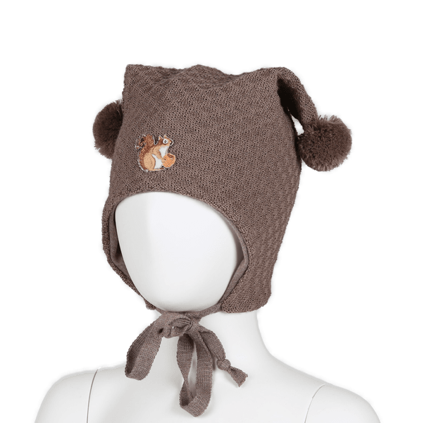 Kivat, sjokoladebrun knytelue i ull med ekorn og dusker