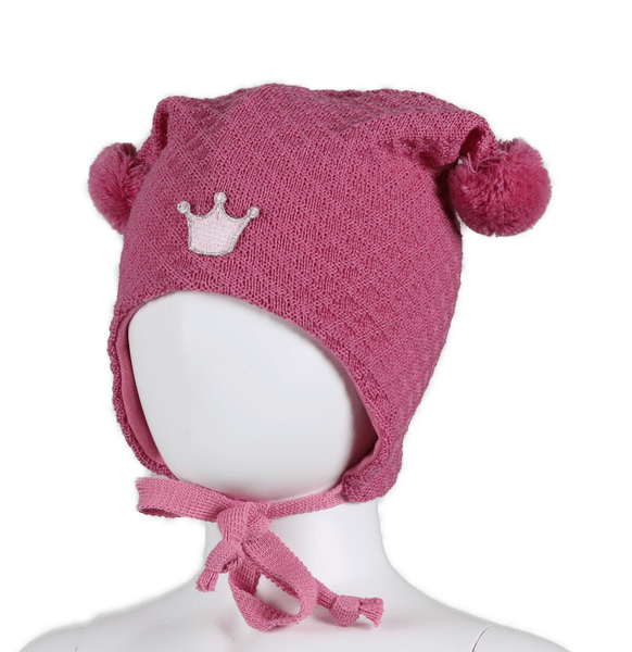 Kivat, mørk rosa knytelue i ull med strukturmønster og dusker